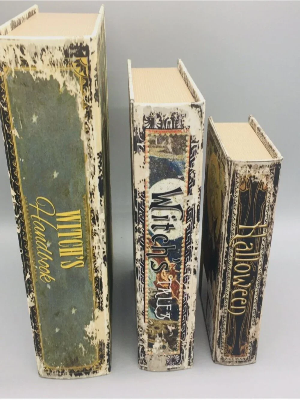 3pc Halloween Witch Handbook Faux Book Distressed Stash Storage Box Decor Prop